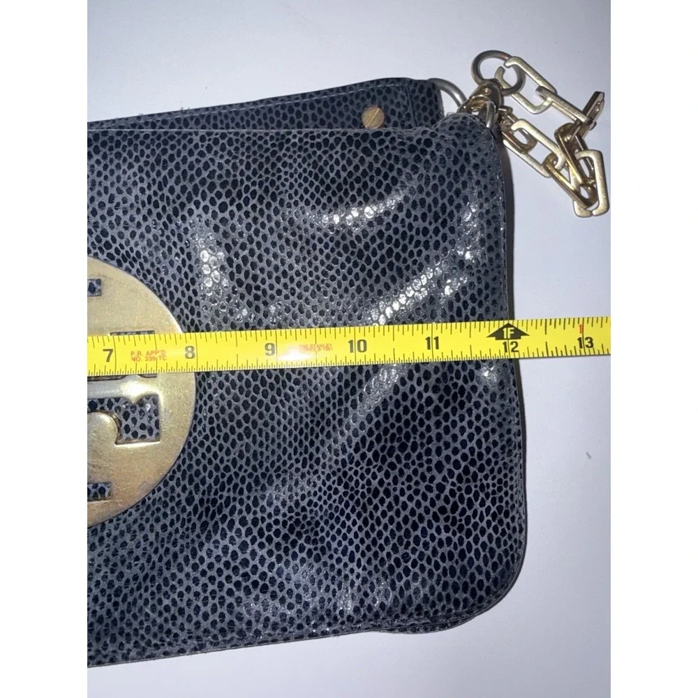 Tory Burch Reva Clutch Blue Leather‎ Snakeskin Print Chain Handbag Bag L